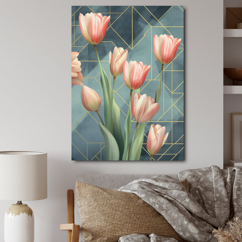 Tulipe géométrique - impressions murales florales, H 32 po x l 16 po x P 1 po, Toile tendue