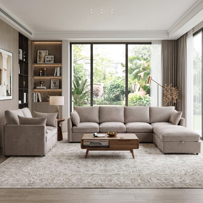 Sarang 110.2" Modern Upholstered Sectional Modular Sofa Bed With Ottomans, Khaki Polyester Blend
