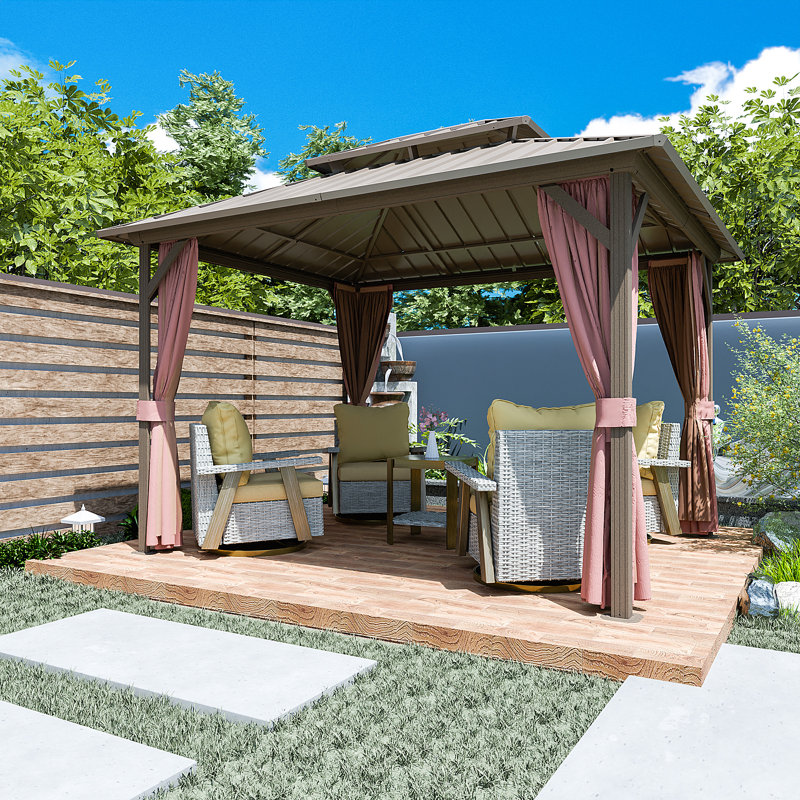 10 Ft. X 12 Ft. Aluminum Patio Gazebo with Double Steel Roof, Mosquito Netting, and Curtains