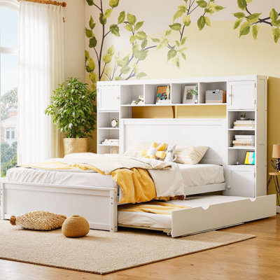 Elegant Queen Size Wooden Bed with Storage, Trundle & Built-in Outlets – White
