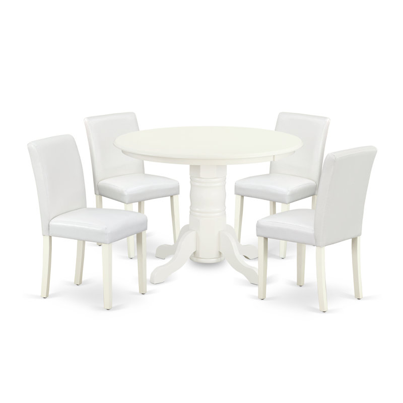Ensemble de salle à manger 5 pièces comprenant une table de cuisine ronde avec piédestal et 4 chaises de salle à manger Parsons en similicuir blanc, lin blanc