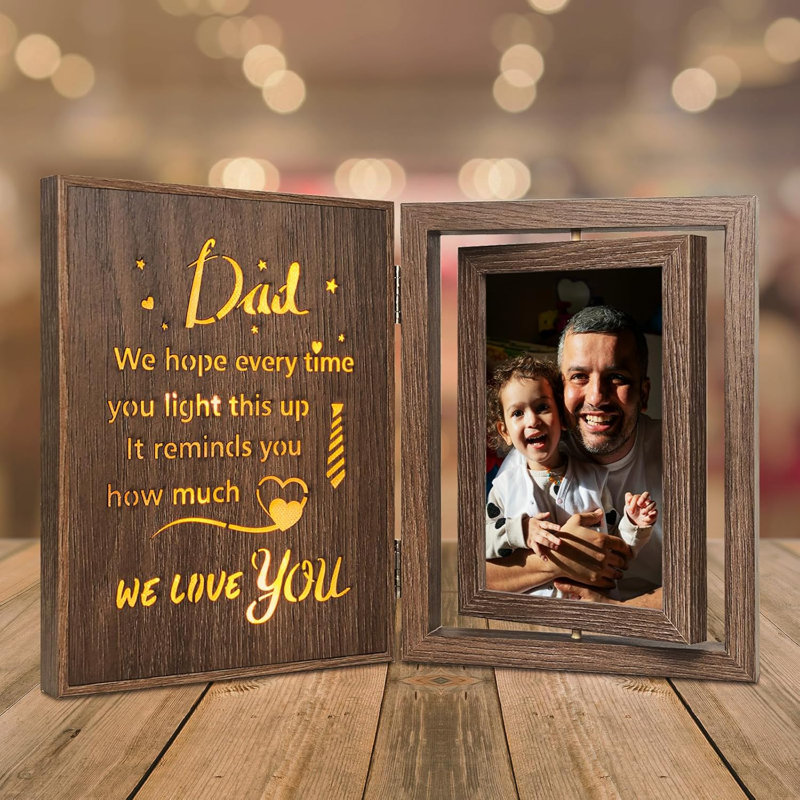 Rotating Wooden Dad Photo Frame with Light, Vintage Brown 4x6 Double Photo Frame for Father's Day & Birthday