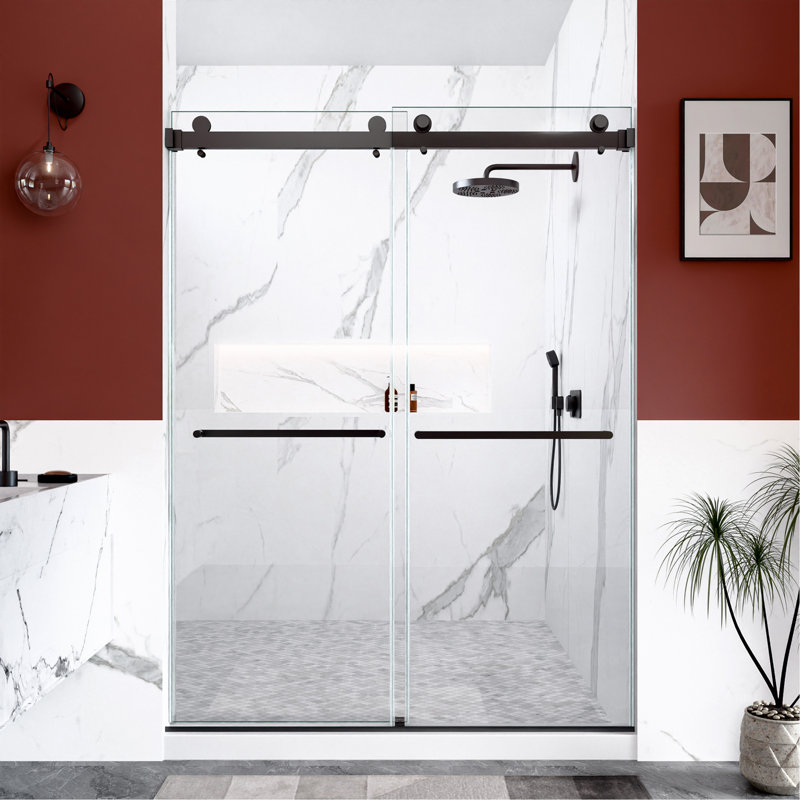 56"-60"W x 80"H Frameless Double Sliding  Shower Door, 3/8 inches (10mm) Thick SGCC Tempered Glass Door, Matte Black