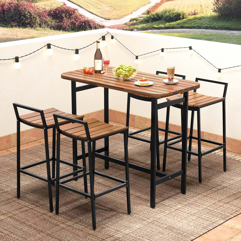 17 Storeys 5 Pcs Acacia Wood Bar Table Set Outdoor Bar Height Table & Chairs With Metal Frame