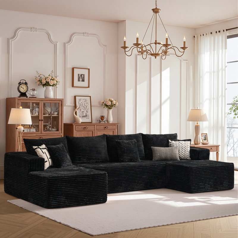 Compression Packed 3-piece Cloud Modular Sectional Sofa In Boneless Corduroy – No Assembly Required, Black Polyester/Corduroy