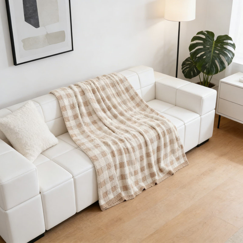 Jeté réversible à carreaux, doux tricot en microfibre pour canapé et lit, jeté douillet et réversible, L 80 po x l 60 po