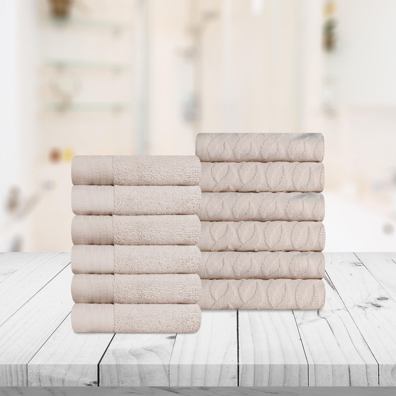 Dayeli Turkish Cotton  Jacquard and Solid Medium Weight Washcloth Towel Set (Set of 12), Ivory