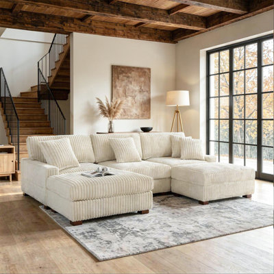 5 - Piece Upholstered White Faux Rabbit Fur Flannel Modular Sectional Sofa with Throw Pillows & Removable Ottomans