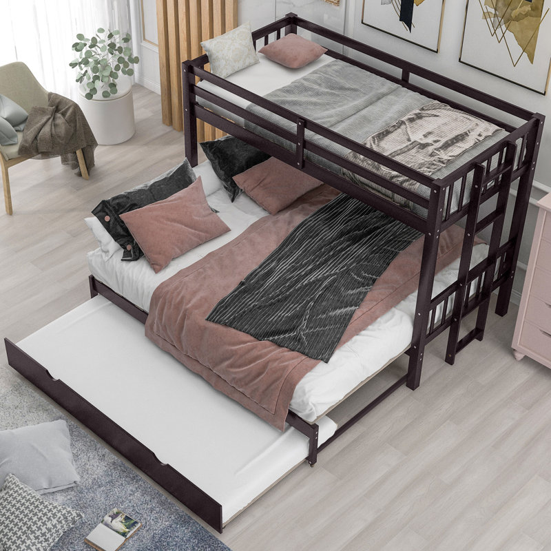 Lit superposé simple au-dessus de simple avec gigogne, conception peu encombrante pour chambre d'enfant, Espresso