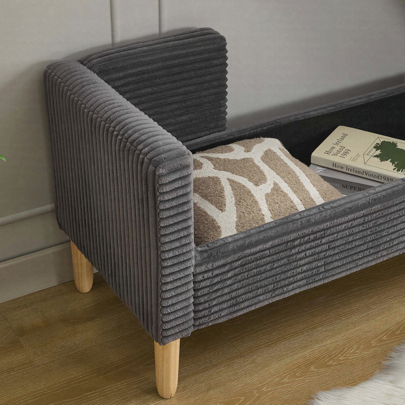 65.35" Corduroy Storage Bench with Armrests, Backrest and Bolster Pillows, Charcoal, Charcoal