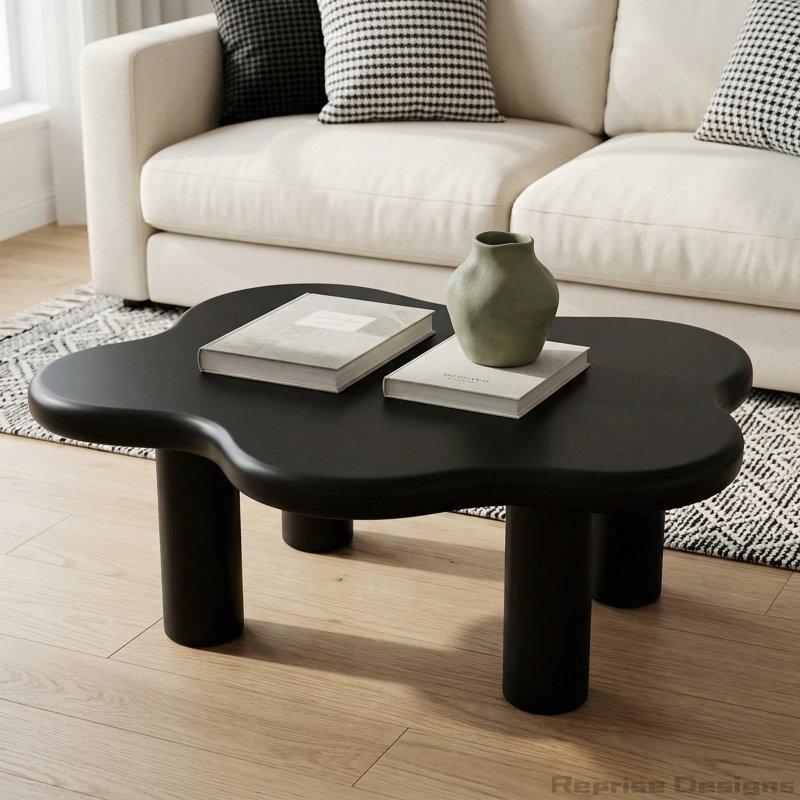 Table basse de 40 pouces en forme de nuage avec 4 pieds ronds, convenant aux salons, Black