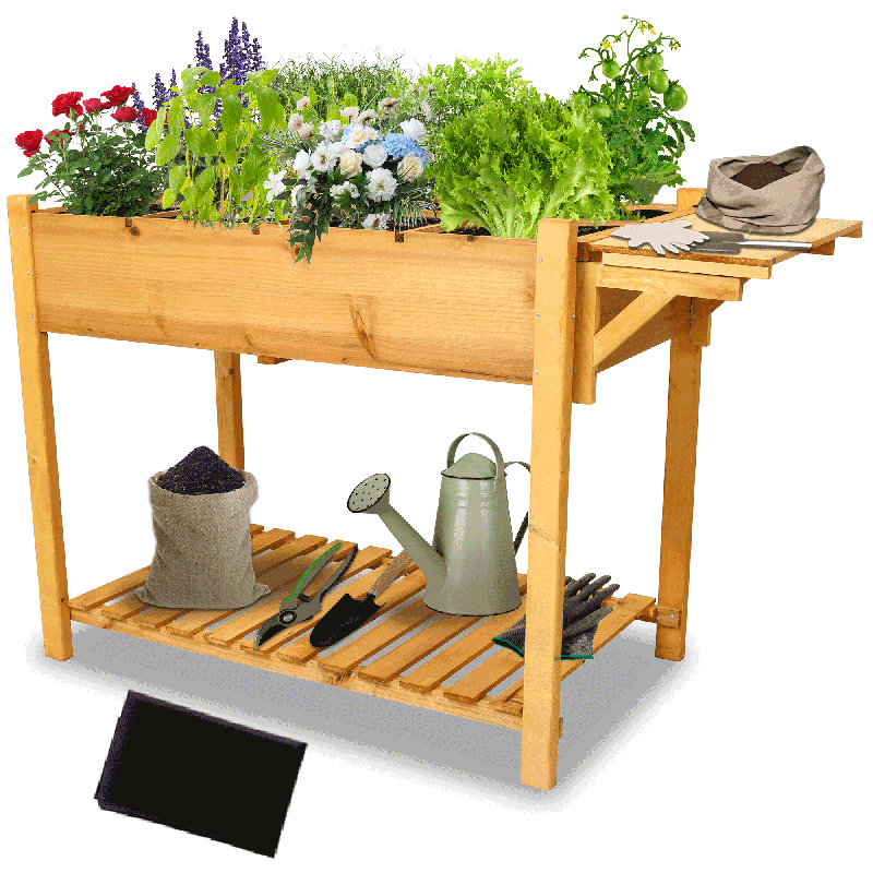 Support de jardinière surélevée en bois avec jardinière surélevée 8 poches avec table d'appoint pliable et tablette de rangement pour herbes / légumes