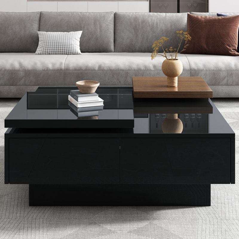 Élégante table basse carrée avec tiroirs cachés, plateau lustré et mobile, noir, pour un décor moderne 4