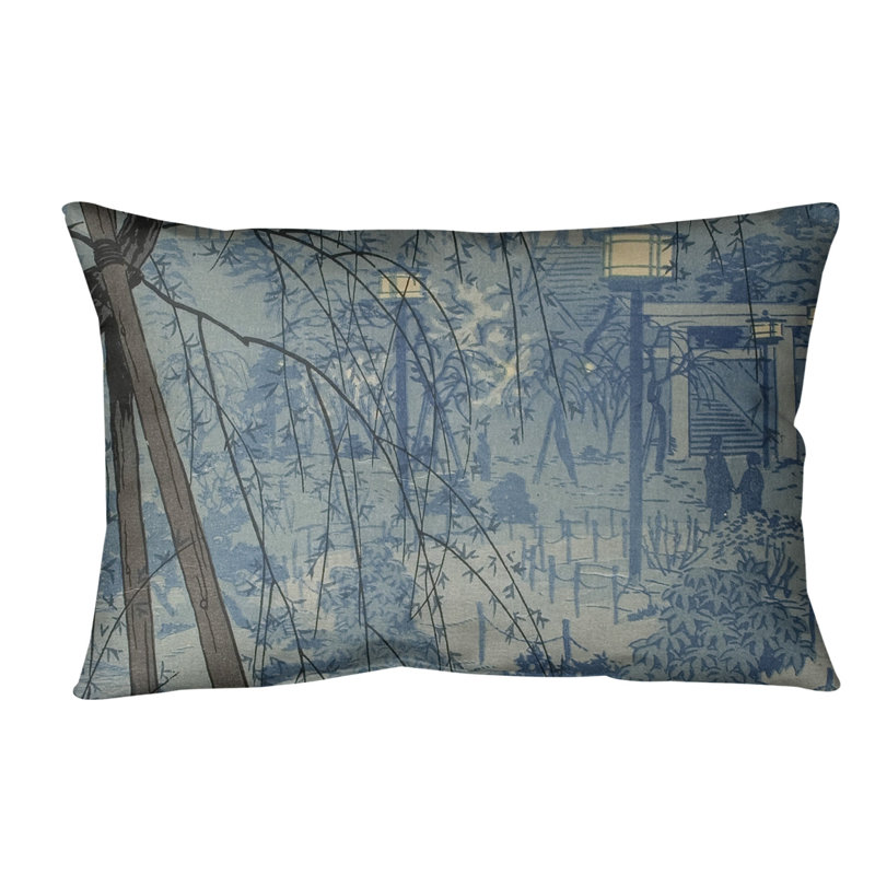 Coussin Misty Evening at Shinobazu Pond, Bleu, Faux lin