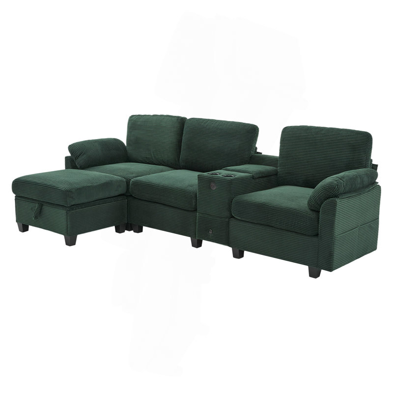 L-Type Multifunctional Corduroy Sofa: 4-Seater Segmented Design With Cup Holder/USB Interface/Storage Box, Equipped With Movable Console+Ottoman Style Storage Space, Optimized For Apt.