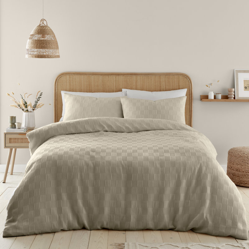 Waffle Checkerboard Duvet Cover Set, Super King - 2 Standard Pillowcases, Beige