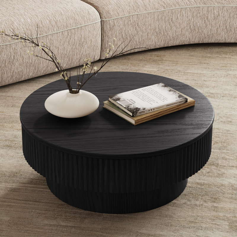 Round Drum Coffee Table with Storage, Black, 14" H x 35" W x 35" D