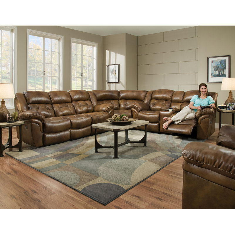 Taylorann Power Reclining Console Sectional, Brown Genuine Leather