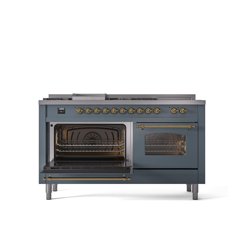 ILVE Nostalgie II Series 60 inch Dual Fuel Range with 5 Sealed Burners, Griddle, Frenchtop (Glass Door), Blue/Gray/Brass