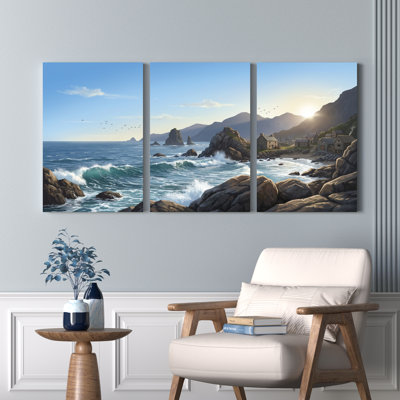 Ensemble de 3 tableaux sur toile représentant des vagues de l'océan et une côte rocheuse