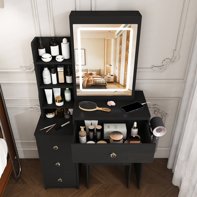 Makeup Vanity and stool set with light Mirror, 4 Drawers and open shelves, Black