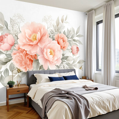 Papier peint pelez et collez, pivoine rose, bouquet de fleurs blanches, feuilles vertes, aquarelle, peintures murales, H 100 po x l 144 po, papier peint amovible en PVC, peinture murale auto-adhésive, décoration pour chambre à coucher, chambre de bébé