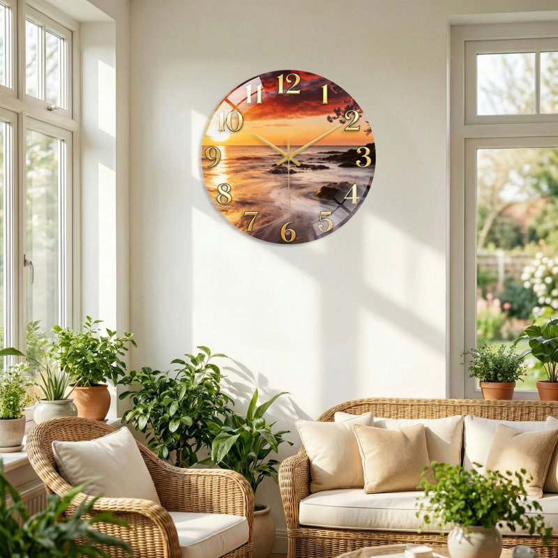 Horloge murale décorative moderne en verre Sunset Beach, 40 x 40 cm (15,7 x 15,7 pouces)