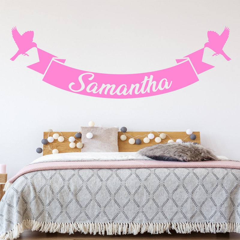 Décalcomanie murale nom et oiseaux personnalisés, H 7 po x l 20 po, Rose, Oui