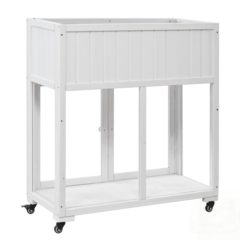 Banc de rempotage en bois avec 2 portes et roulettes, Blanc