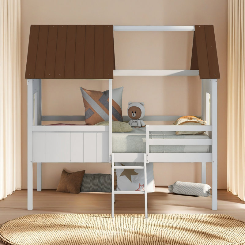 Twin Size Low Loft Wood House Bed With Two Side Windows, Brown/White