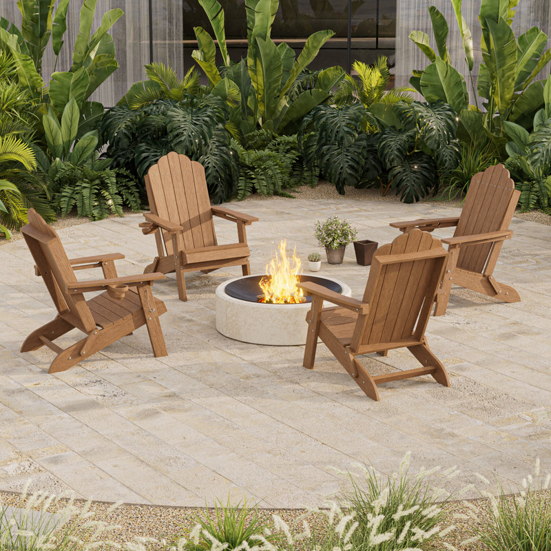 Classic Folding Adirondack Chair, HDPE Adirondack Chair with Ergonomic Design & Cup Holder for Patio and Fire Pit, Teak