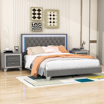 Ensemble de chambre à coucher 3 pièces Aljosha, lit plateforme tapissier grand et 2 tables de chevet avec 2 tiroirs