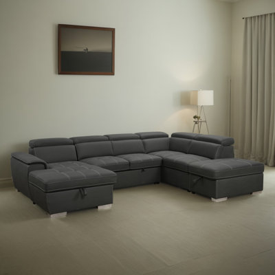 128" Convertible U-shaped Pull-Out Sleeper Corner Sectional Sofa with Storage Chaise and Ottoman