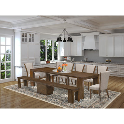 9 Pieces Modern Dining Set contains an Extendable Rectangle Kitchen Table, 7 Dining Chairs, and 1 Modern Bench, Antique Walnut