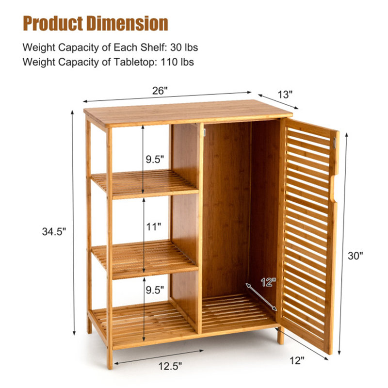 Armoire de salle de bain en bambou avec porte simple et 3 tablettes ouvertes Alphonse Beachcrest Home ™