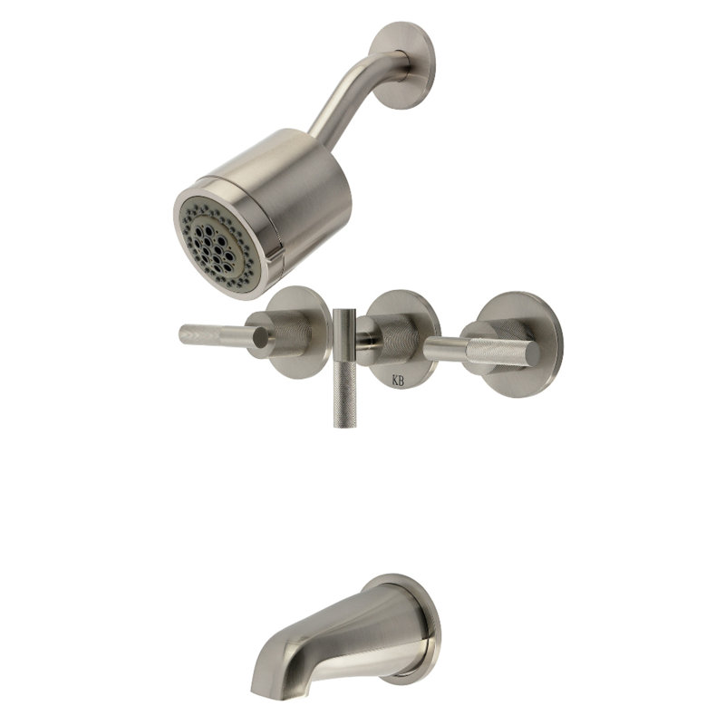 Kingston Brass Convergent Triple-Handle Tub and Shower Faucet with Knurled Handle, Brushed Nickel