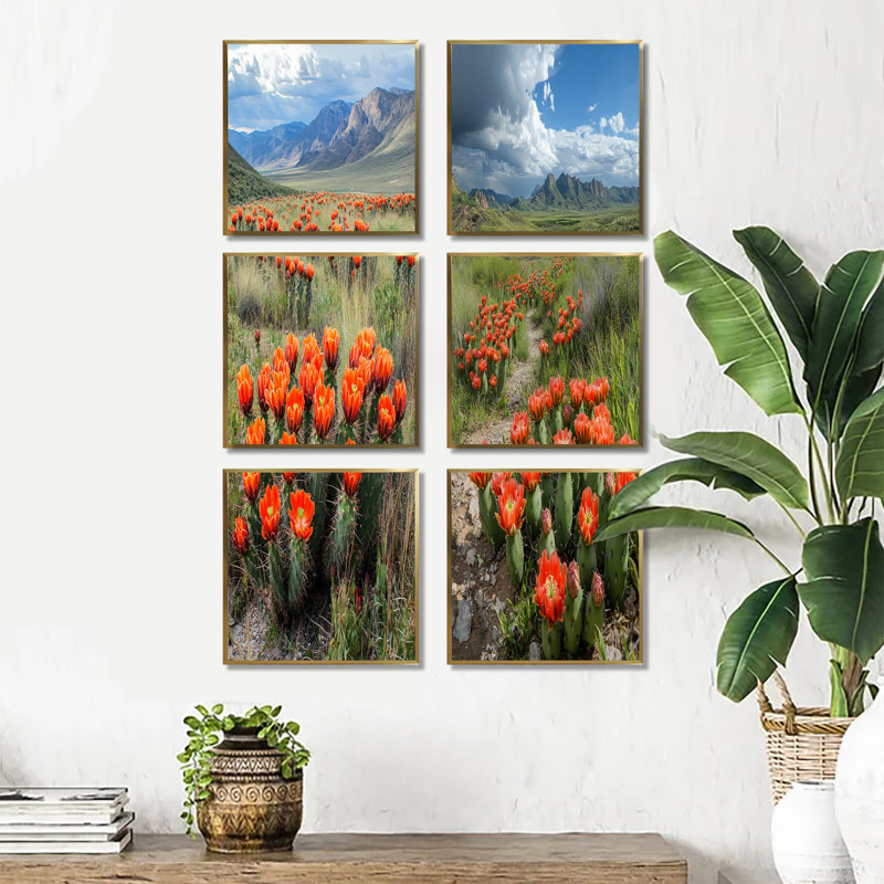 «Blooming Cacti Desert At Sunset», ensemble de 6 impressions florales sur toile, Impression encadrée sans passe-partout, Doré