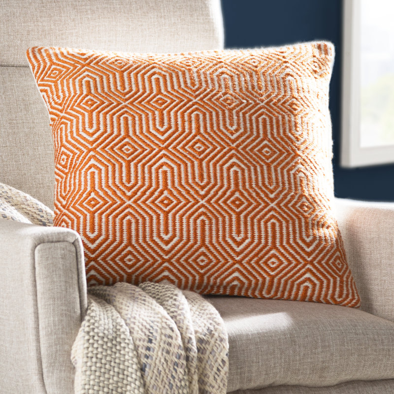 Orange and Ivory Geometric Embroidered Square Pillow Cover