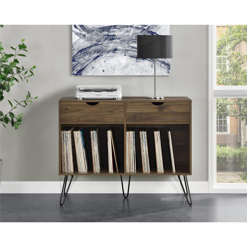 Mid-Century Walnut Turntable Stand with Hairpin Legs and Storage