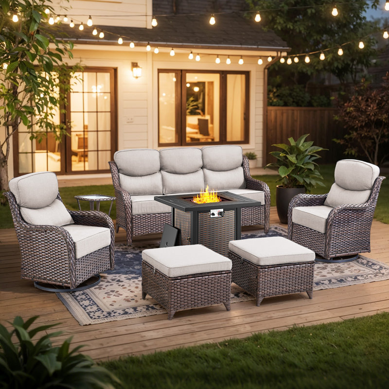 Heritage 7-Piece All-Weather Outdoor Wicker Patio Conversation Set With Square Metal Fire Pit Table, Swivel Gliders, Ottomans And Side Table