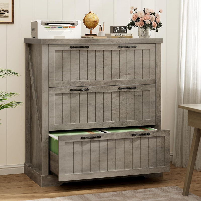 Mandip 33.5'' W File Cabinet Wood Filing Cabinet With 3-Drawer & Printer Stand, Gray