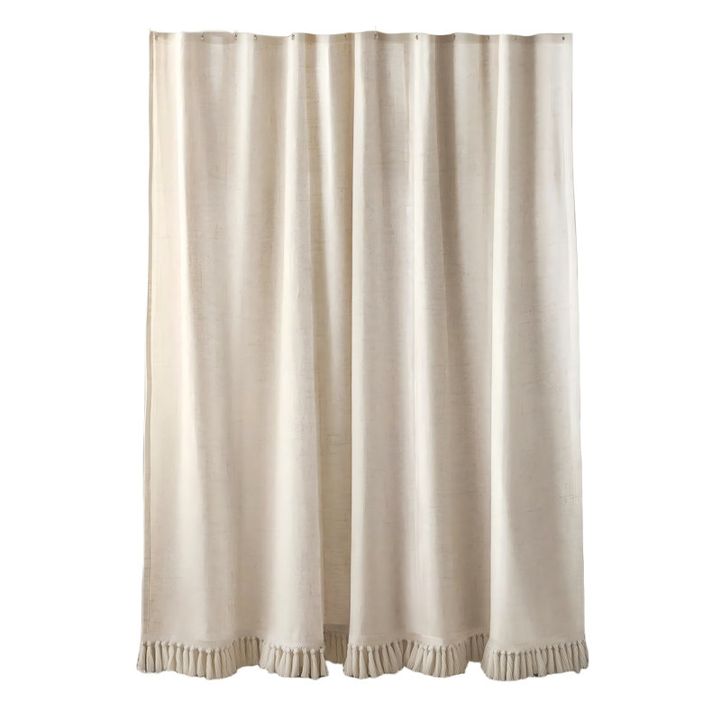 Rideau de douche en lin avec pompons Boho, 1 panneau (beige)