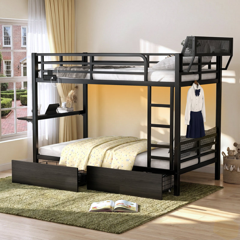 Lit superposé simple TG avec bureau pliable et tiroirs, lit superposé en métal avec station de charge pour petits espaces