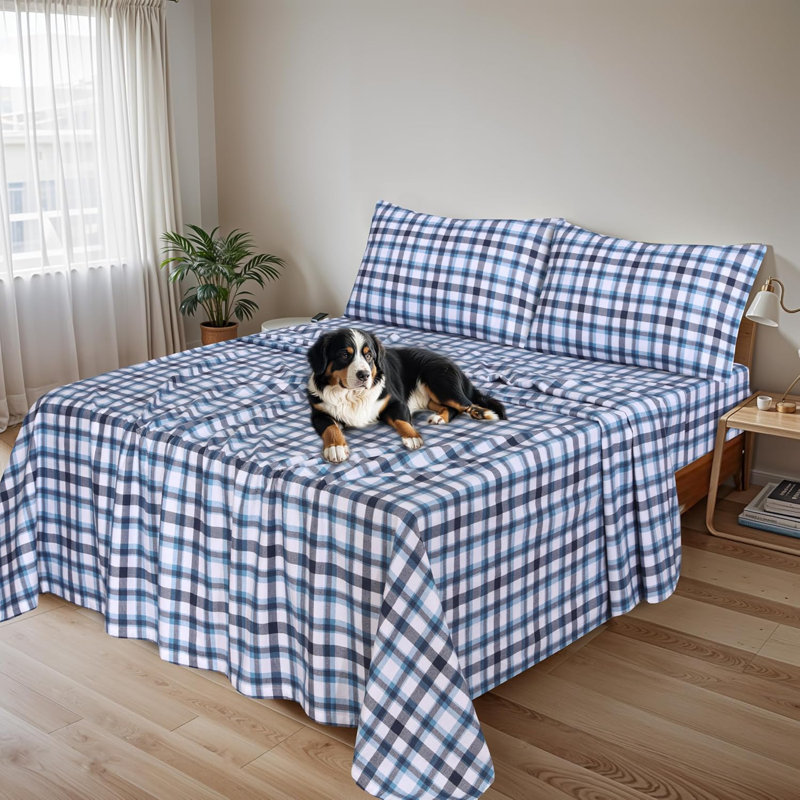 100% Cotton Flannel Sheet Set 4 Piece Warm Cozy Fall Sheets 16 inch Deep Pocket Bed Sheets, Gingham Addition Plaid