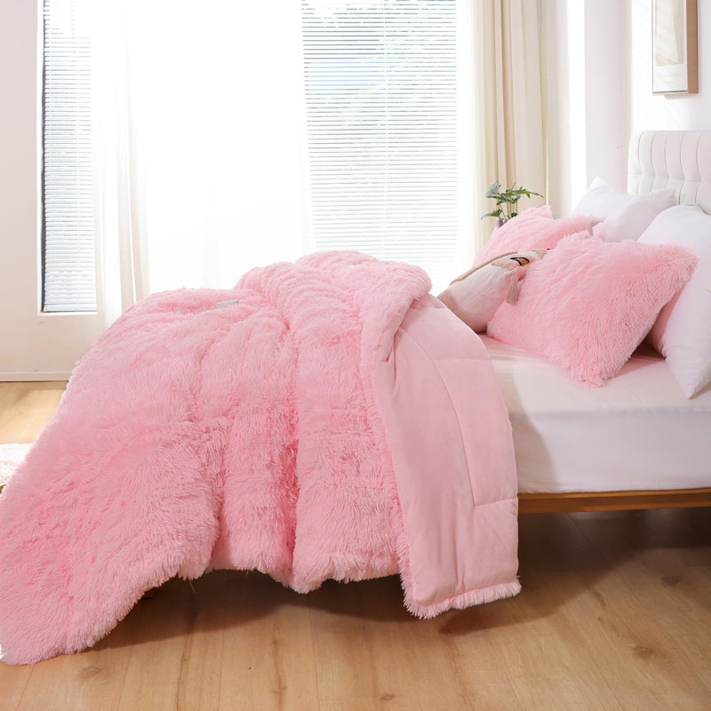 Fluffy Comforter Set 2 Pieces- All Seasons Luxury Fuzzy Comforter With One Pillowcase, Pink
