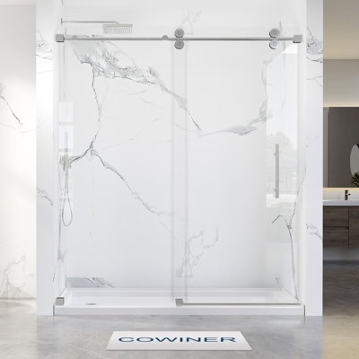 Porte de douche coulissante simple sans cadre de 66 à 72 po x H 76 po en chrome avec verre trempé transparent de 8 10 mm 3/ de 3/8 po