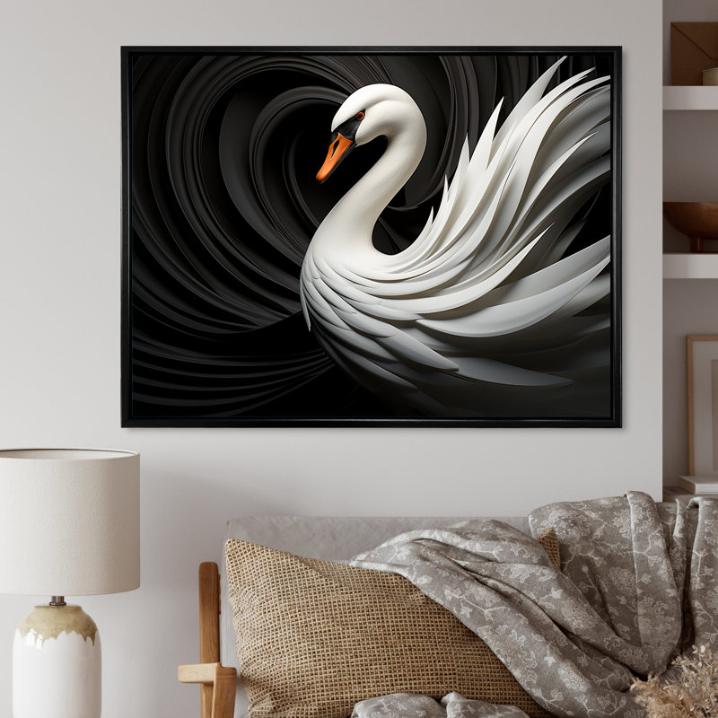«Black and White Elegy of a Swan I», reproduction sur toile, Cadre flottant noir, H 34 po x l 44 po x P 1,5 po