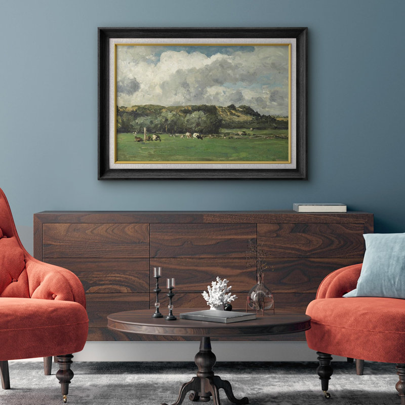 Rustic Countryside Mountain Valley Forest Farm Cow Field Nature Wilderness, reproduction d'art sur papier, Cadre noir