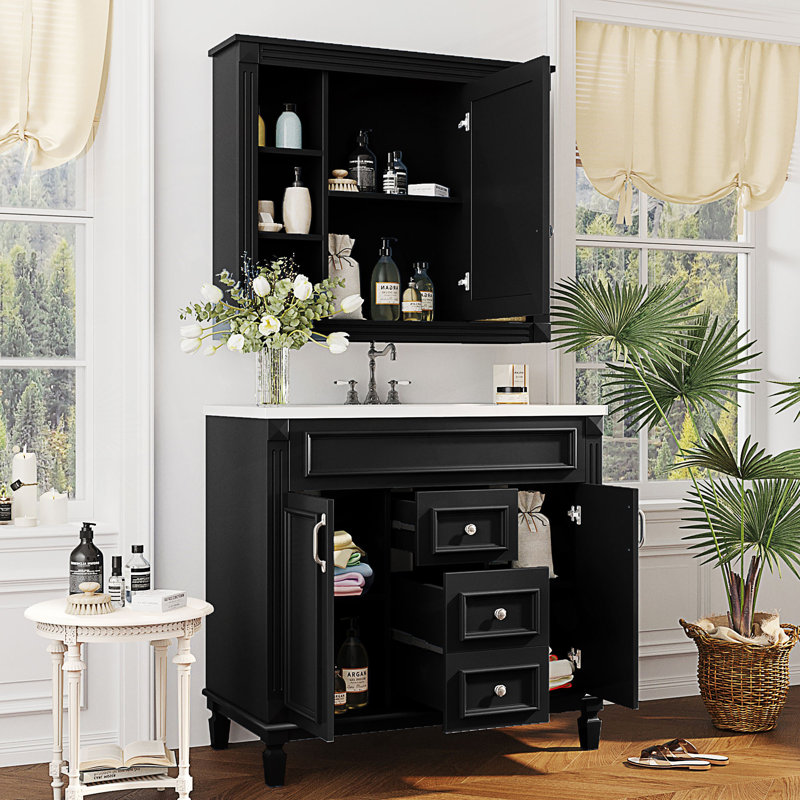 Meuble-lavabo de salle de bain avec lavabo supérieur, armoire à miroir, armoire de rangement moderne avec 2 portes à fermeture douce et 2 tiroirs