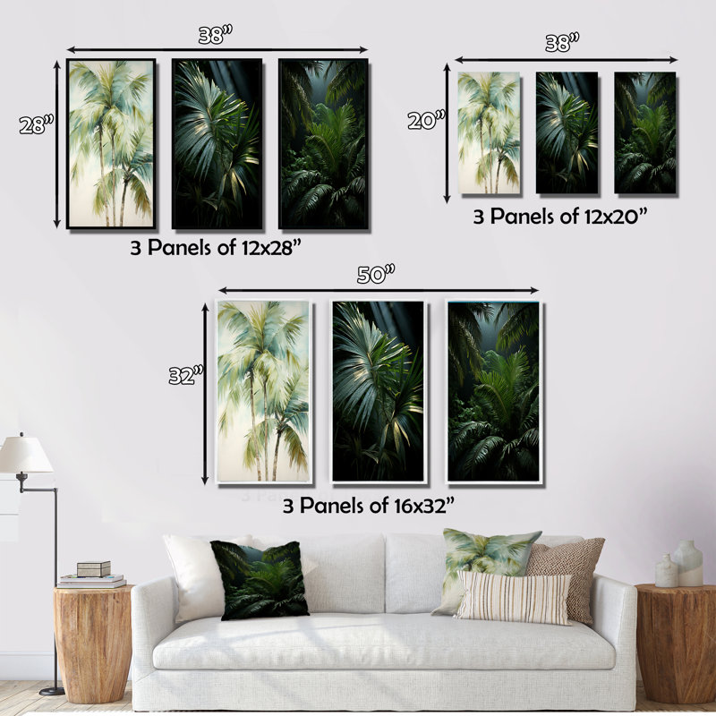 «Green Minimalims Palm Trees», 3 pièces sur toile, Cadre flottant noir, H 28 po x l 36 po